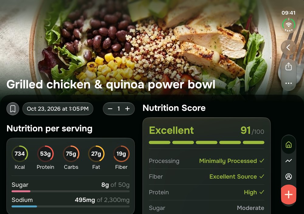 Meal Details in MenuRight, in two columns: a photograph of a grilled chicken and quinoa power bowl with black beans, corn and quinoa across the top; below it, its estimated nutrition per serving, 734 kcal, 53 g protein, 75 g carbs, 27 g fat and 19 g fiber, and beside that its Nutrition Score, Excellent, 91 out of 100.