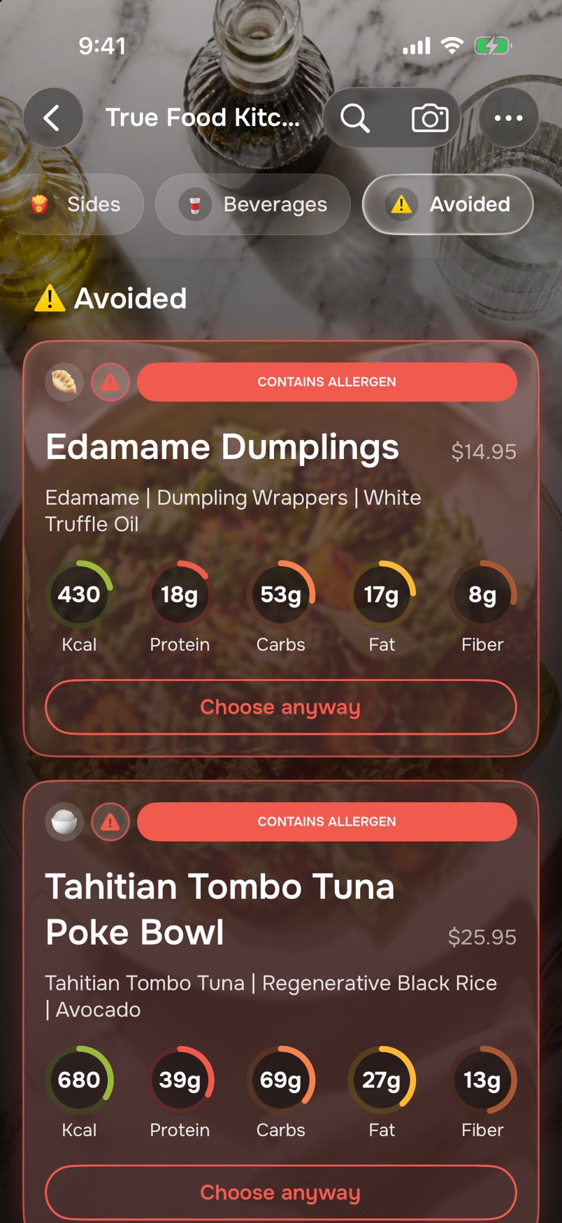 Avoided Items on a menu: Edamame Dumplings and the Tahitian Tombo Tuna Poke Bowl, each in a red card labelled Contains allergen, with a Choose anyway button.