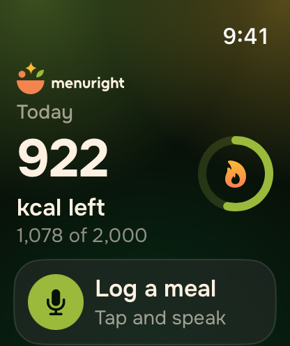 MenuRight on Apple Watch: 922 kcal left today, 1,078 of 2,000, beside a partly filled ring.